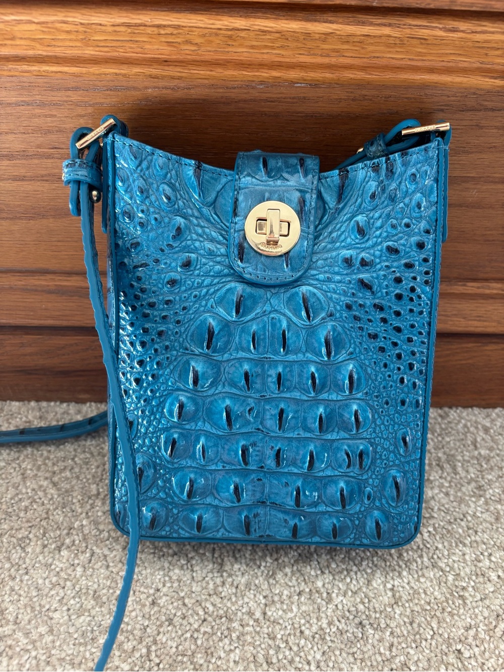 Brahmin mini Marley azure blue Croc-Embossed Crossbody Bag